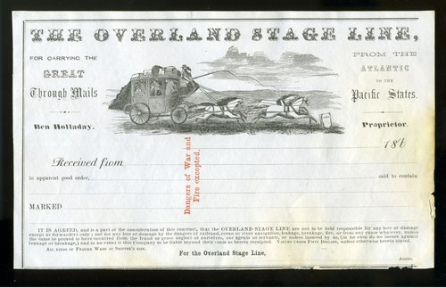THE HOLLADAY OVERLAND MAIL AND EXPRESS CO. 186_ RECEIPT- STAGECOACH ILLUSTRATION