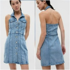 GAP, Button Front Denim Halter Medium Wash Blue Washwell Jean Dress, Size 18