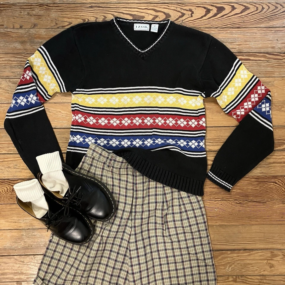 Suéter Vintage IZOD Para Mujer Mediano Multicolor Tejido Años 80 Cuello en V Retro Après Ski Foto 2 de 4