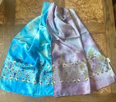 (2) Soylu Ipek Turkey 100% Silk Handpainted Scarves w Gold Overlay~54  x 17 ~EXC