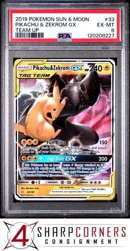 2019 POKEMON SUN & MOON TEAM UP #33 PIKACHU & ZEKROM GX PSA 6