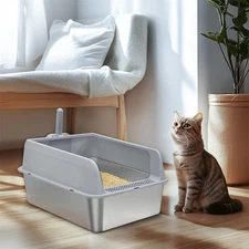 Stainless Steel Cat Litter Box High Sided Pan with Spoon for Cats, Easy to Clean