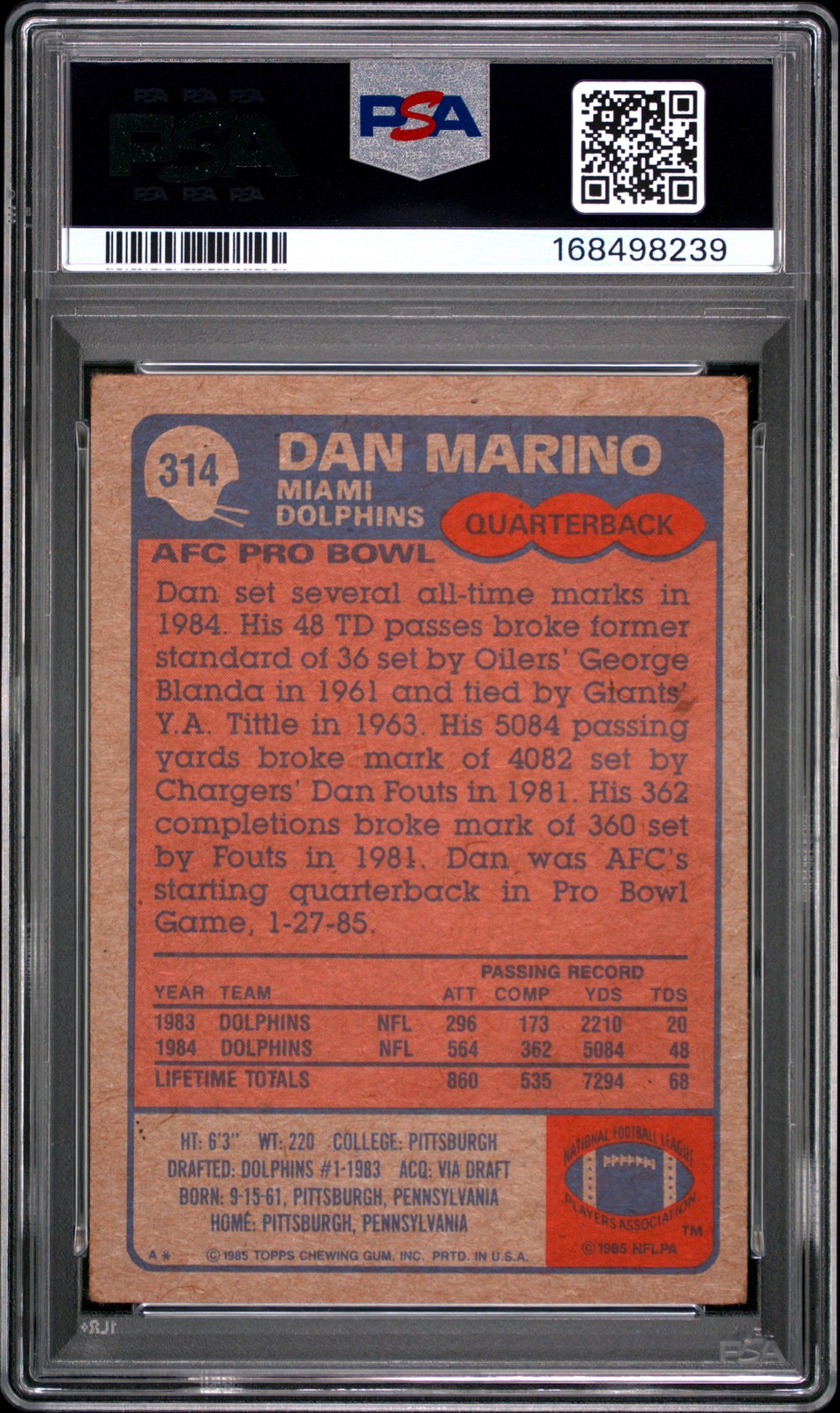 1985 TOPPS ALL PRO #314 DAN MARINO PSA 2 view 2