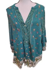 Fig and Flower Boho Peasant Blouse Size XL Green Button Front