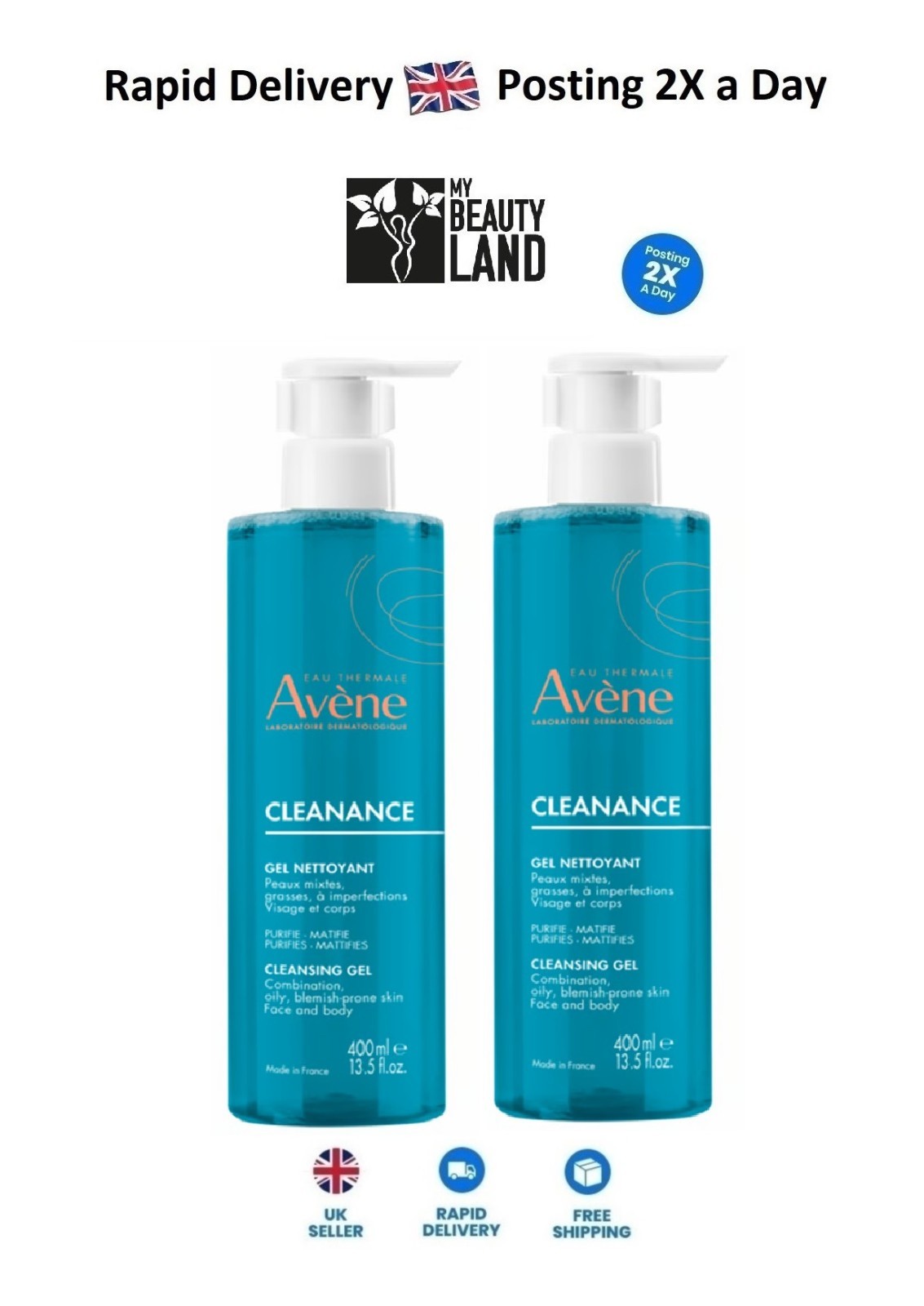 Avène Cleanance Cleansing Gel, Duo Pack 2x400ml, Expiry 07/2028 – Fast Shipping