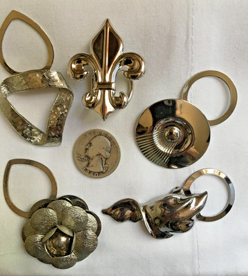 5 Vintage SCARF CLIPS - Silver Tone - Fleur De Lis - Nice Mix Retro Art Deco Mix