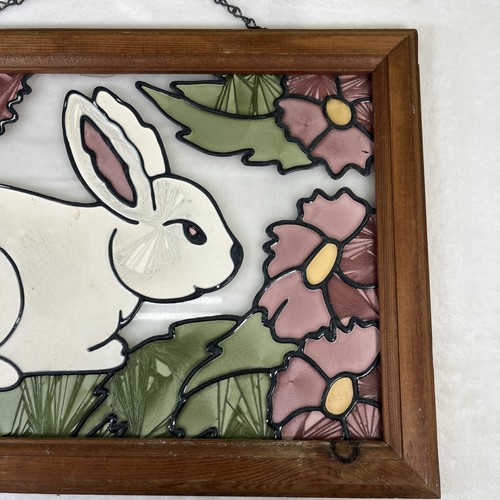 Vintage Stained Glass Rabbit & Flowers Wood Framed Wall Hanging Picture 18x12 FS - Picture 9 of 12
