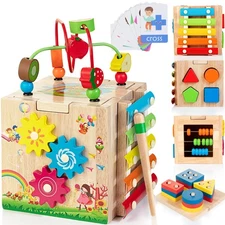 Bravmate Wooden Activity Cube, 8-in-1 Wooden Montessori Learning Toys for 18 ...