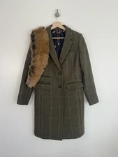 Joules Tweed Jacket Size UK 10 Green Wool Long Blazer Coat Langley Country Fur