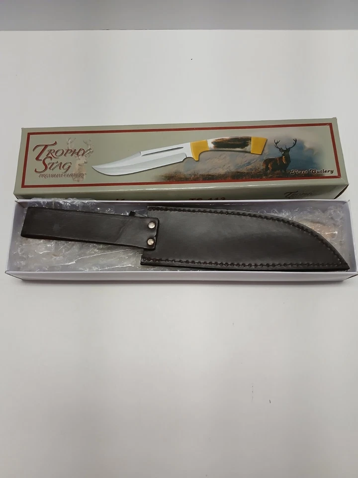 Cuchillo de caza Frost Trophy Ciervo 12" Longitud total Mango de ciervo Funda de cuero  Foto 2 de 4