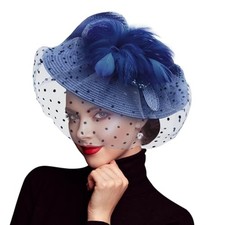 Women Fascinators Hats Flower Mesh Feathers with Headband and Clip 1 Pc: Navy