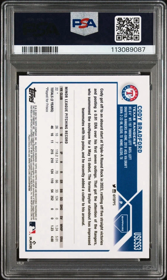 2023 Topps Chrome Sapphire Signed Cody Bradford Autographed #53 RC Card PSA 8/10 - Image 2 of 2