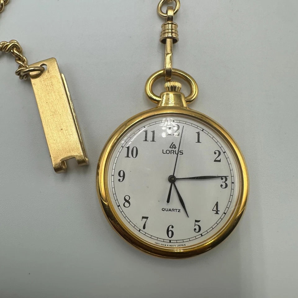 Vintage Lorus Pocket Watch Men Gold Tone With Chain 36MM Open Face New Battery - Image 3 of 4