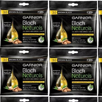 Garnier Brown Black Hair Color (Pack of 4) Oil Enriched Creme Pouch 1 free brush