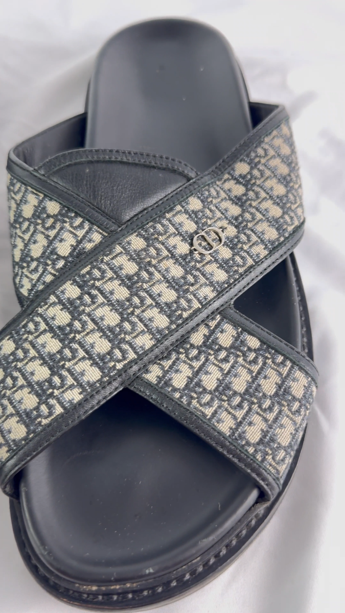 DIOR Aqua Oblique Jacquard Blue Canvas Black Leather Mens Slides