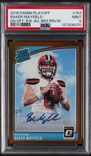 2018 PANINI PLAYOFF DONRUSS OPTIC RR AUTO BRONZE PREV BAKER MAYFIELD 18/24 PSA 9