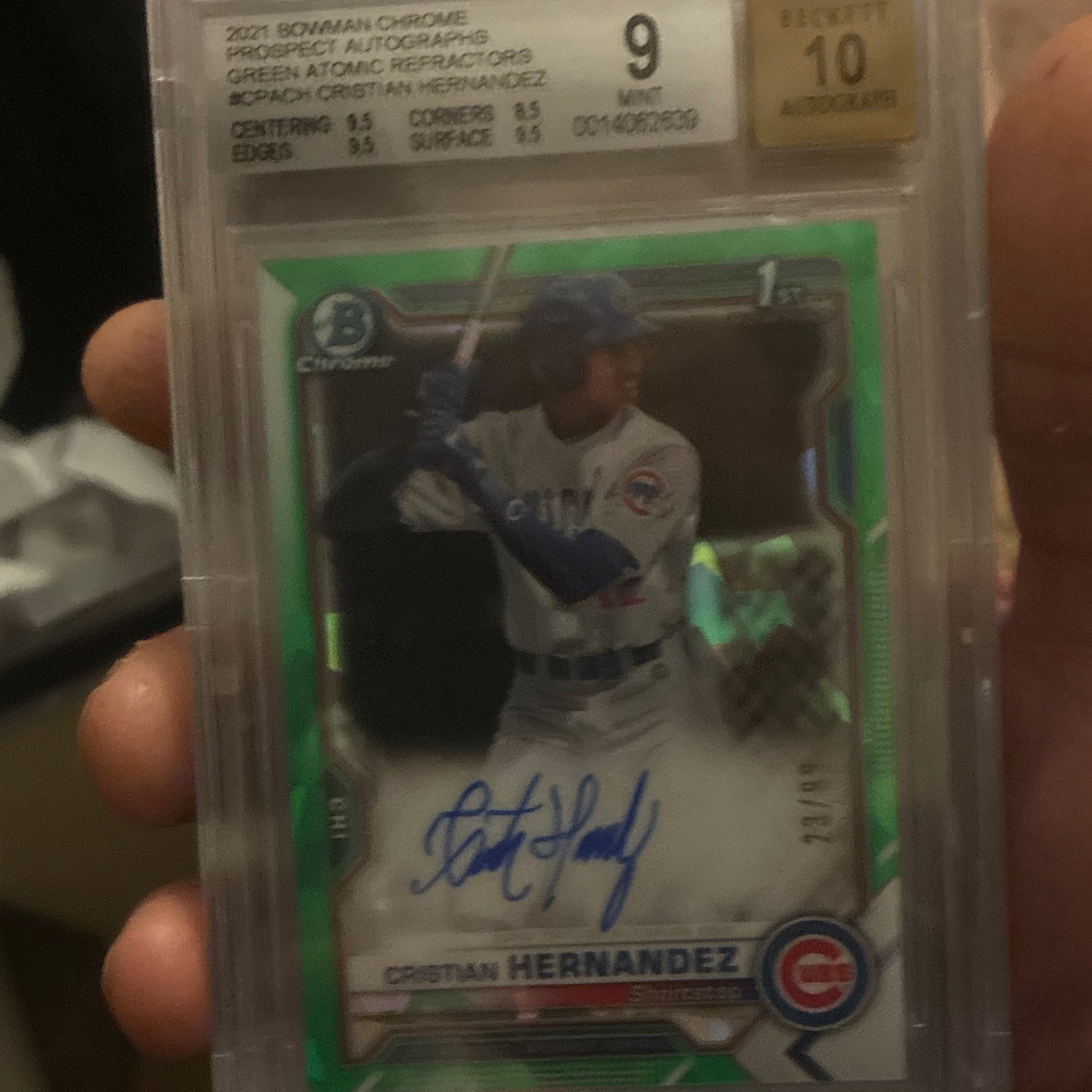 Topps 2021 Bowman Chrome Cristian Hernandez Green Atomic Auto /99 CPA-CH BGS 9