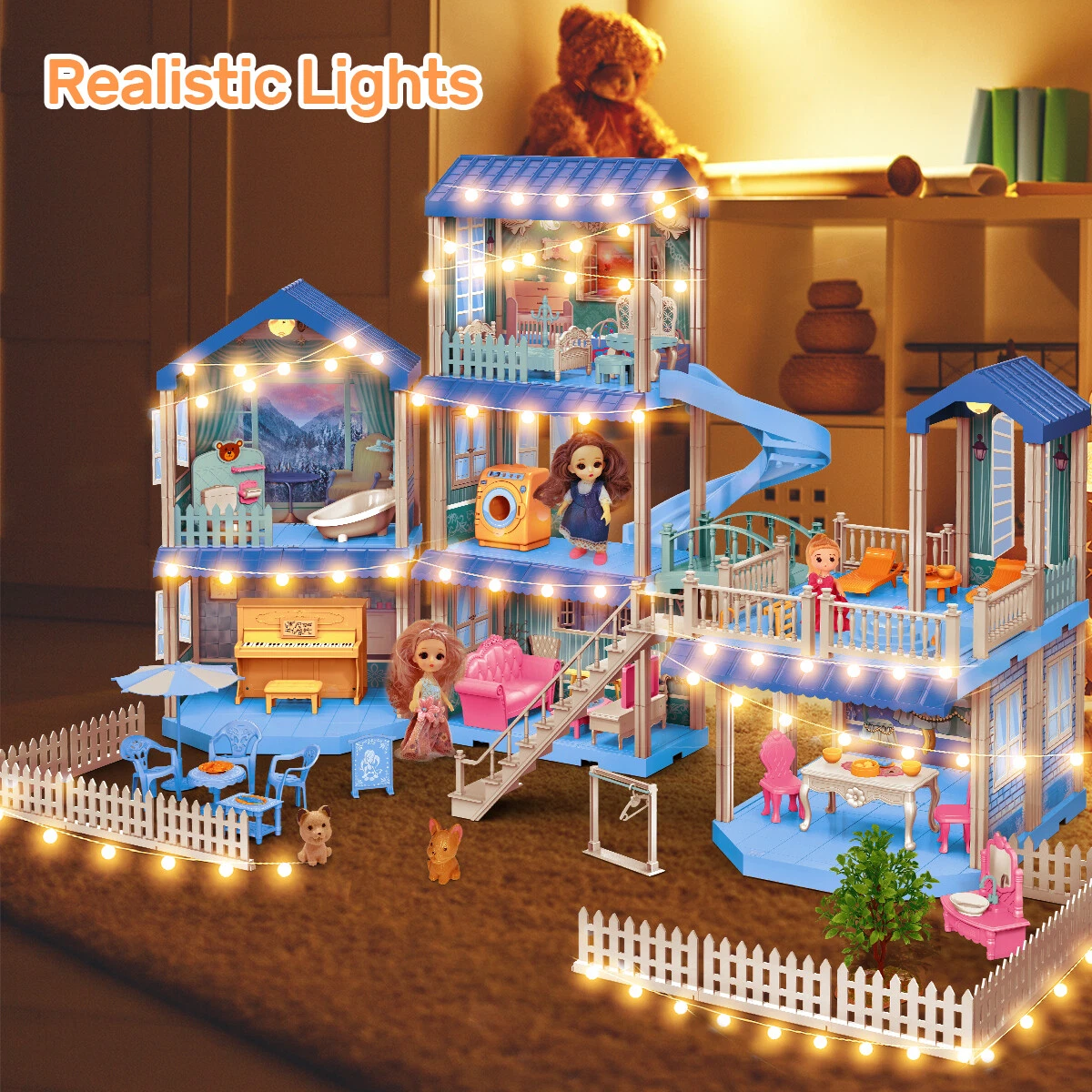 Doll House, Dream House for Girls 3 Stories 7 Rooms Dollhouses with 3 Dolls  Toy Figures, Swim Pool, Slide, Furniture and Accessories, Pretend