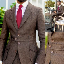 Brown Herringbone Men's Safari Jacket Leisure Business Fall Blazer Outdoor Wear