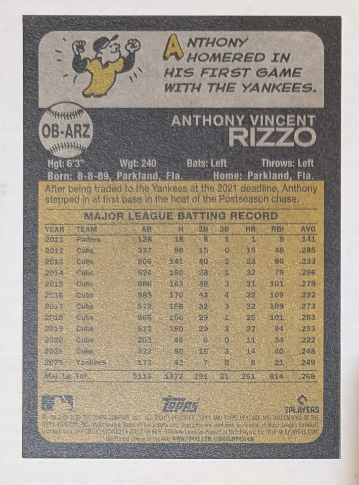 2022 Topps Heritage Anthony Rizzo 1973 Oversized Box Loader #ob-arz Yankees  - Image 2 of 2