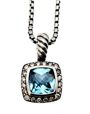 David Yurman Necklace Albion Cushion Cut Blue Topaz and Diamond Halo Sterling