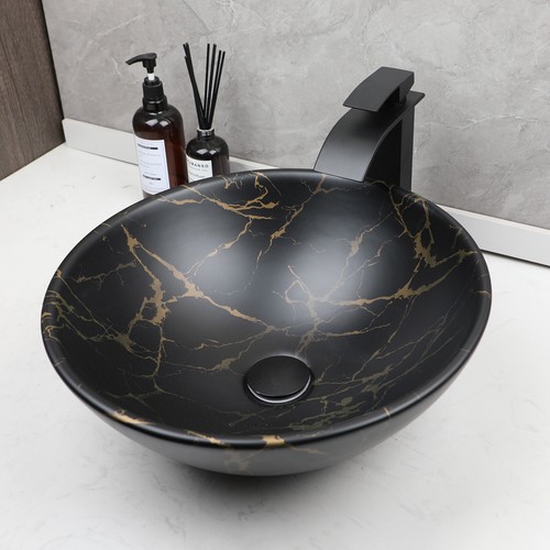 17"Black Bathroom Sink Round Ceramic Bowl Waterfall Spout Deck Mounted Brass Tap - Picture 6 of 13