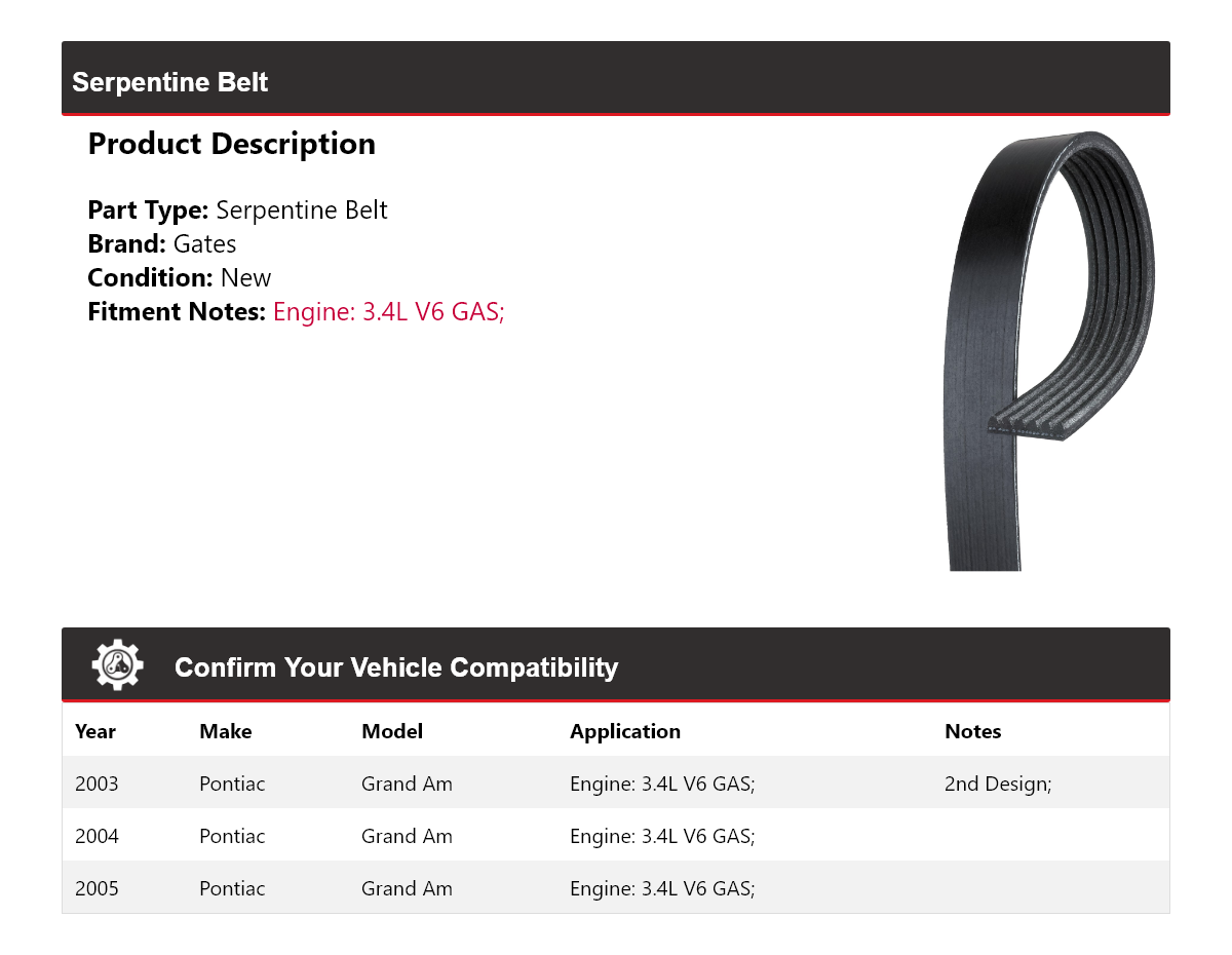 For 2003-2005 Pontiac Grand Am 3.4L V6 GAS Serpentine Belt Gates