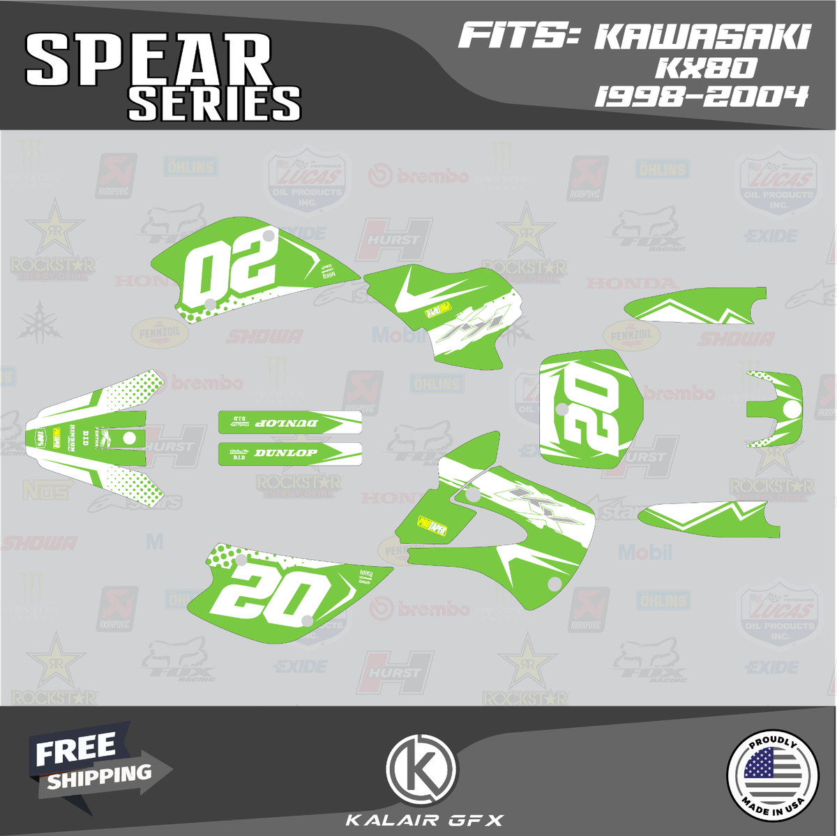 Graphics Kit for KAWASAKI KX 80 (1998-2004) Spear Series - Green