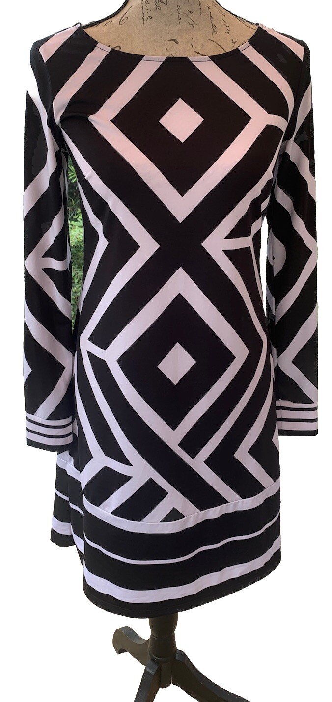 INC INTERNATIONAL CONCEPTS S Black White Retro Geometric Dress Darted