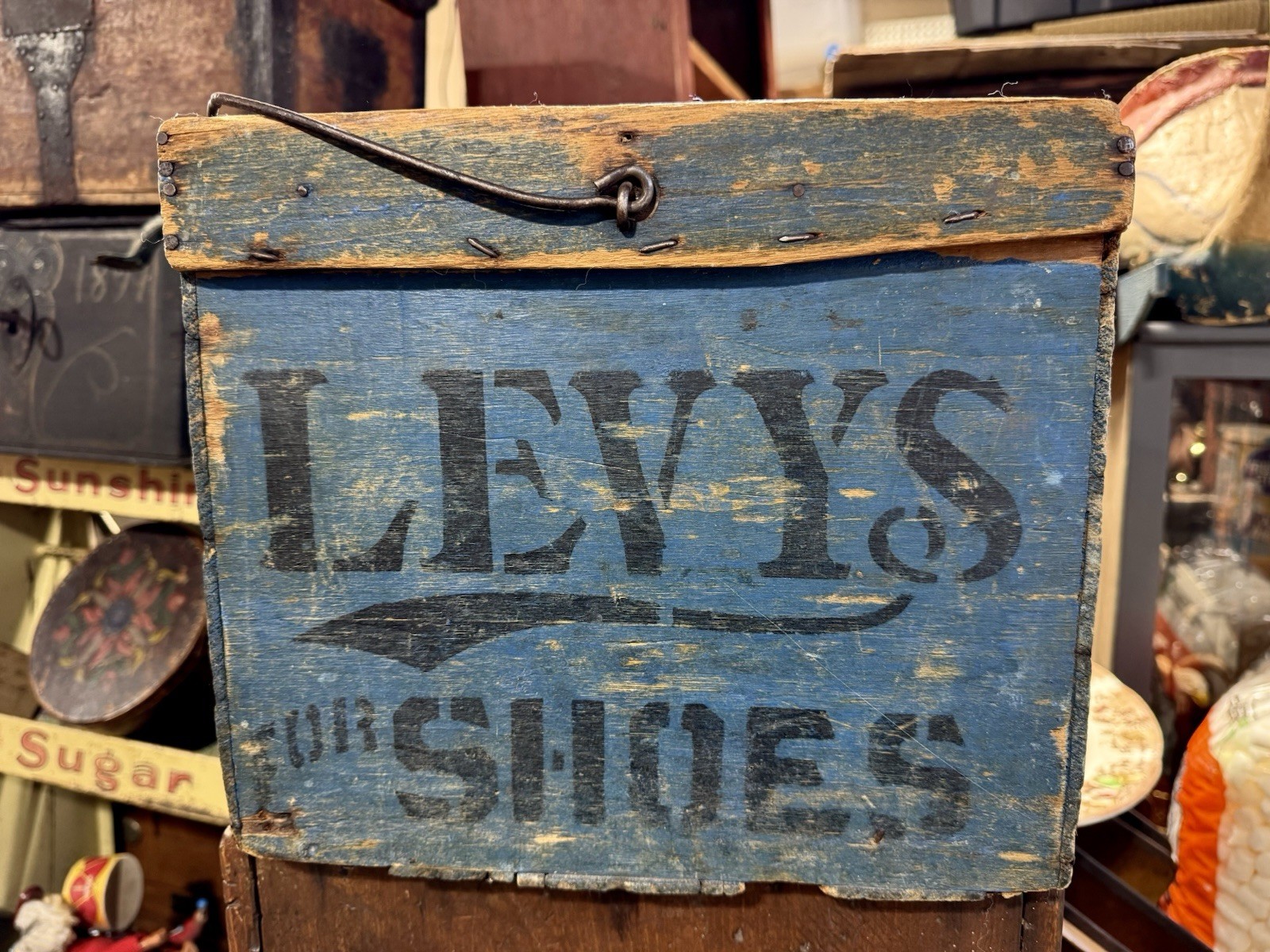 Primitive Wood Egg Crate Original Blue Paint Levy Shoe Advertising