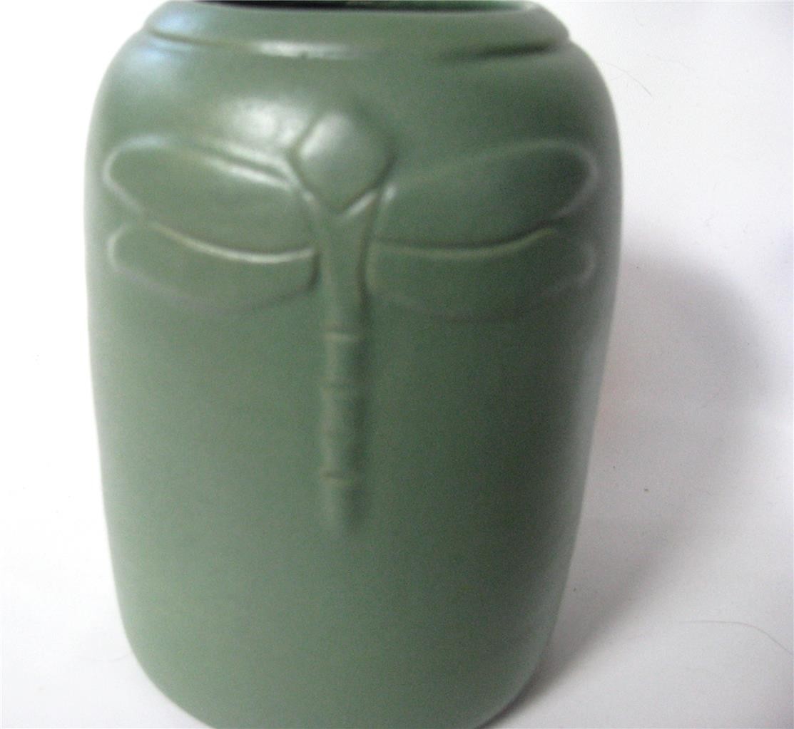 Studio Art Pottery Arts and Crafts style Matte Green Vase Dragonfly 5" signed