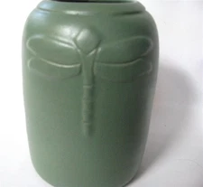 Studio Art Pottery Arts and Crafts style Matte Green Vase Dragonfly 5" signed