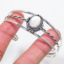 Natural Mother of Pearl Gemstone 925 Sterling Silver Cuff Bracelet Adjustable