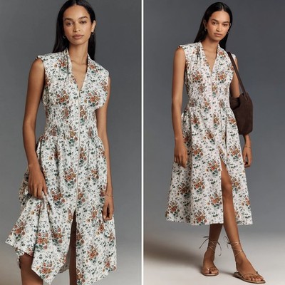 NEW Anthropologie Tommie Cap-Sleeve Smocked Front-Zip Midi Shirt Dress NWT 3XL 