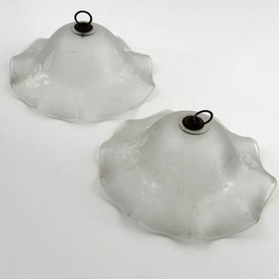 Antique Etched Glass Light Shade Fleur De Lis Frosted Scalloped Pair