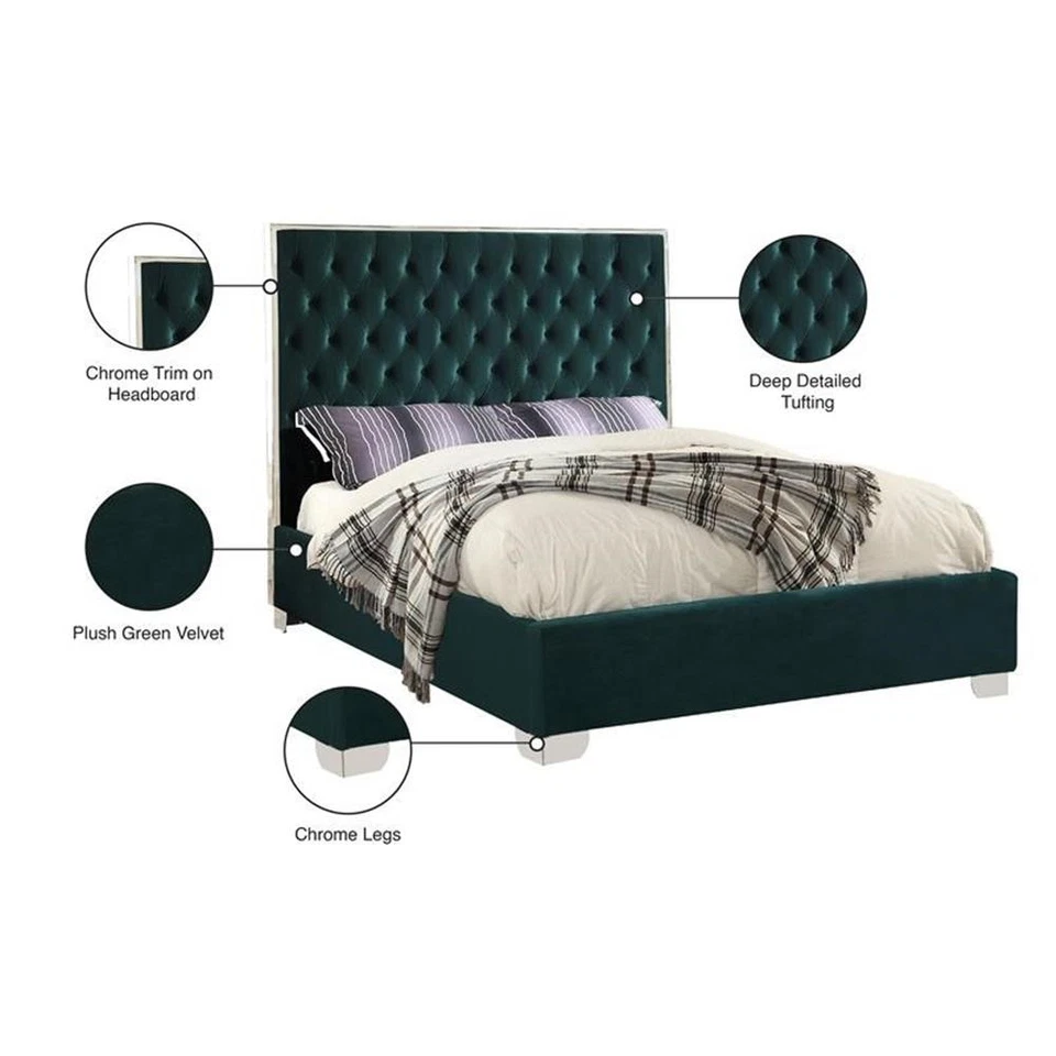 Meridian Furniture Lexi Solid Wood and Velvet Queen Bed in Green - Image 4 of 4