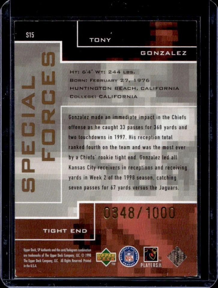 1998 SP Authentic Tony Gonzalez Special Forces #348/1000 Chiefs - Image 2 of 2