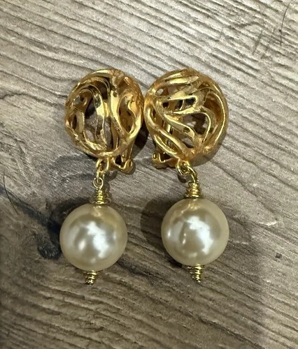 Vintage Gold Tone Clip-On Earrings Faux Pearl Dangle Drop Costume Jewelry