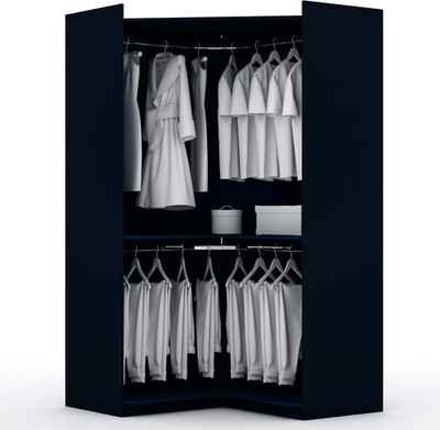 Midnight Blue Corner Wardrobe with Open Shelving & Curved Rods