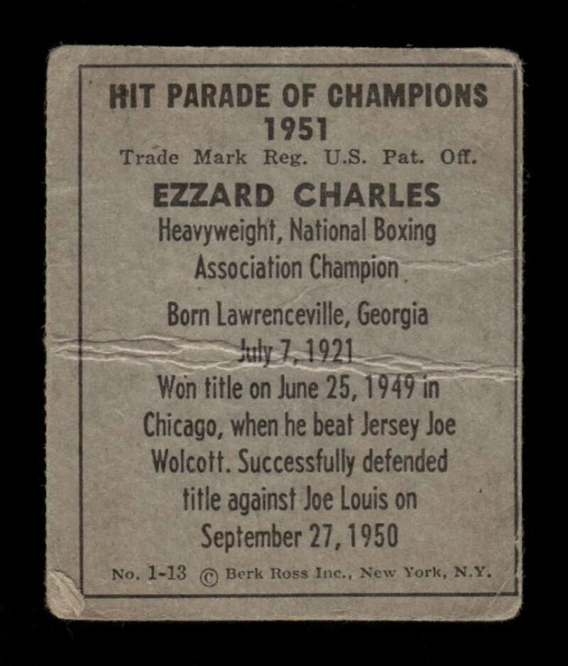 1951 Berk Ross Boxing Ezzard Charles fair to poor  BXCP37 - Image 2 of 2