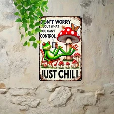 Tin Metal Sign Relaxing Frog with Mushroom Venus References 8x12