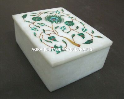 Weiße Marmor-Schmuck-Aufbewahrungsbox mit Malachit-Intarsien, Blumenmuster,