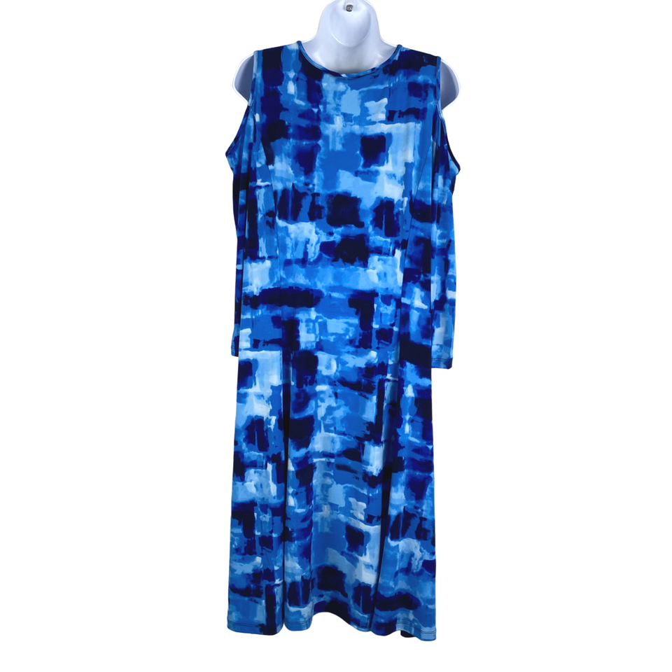 Susan Graver Dress XL Liquid Knit Cold Shoulder Blue Print Stretch DR