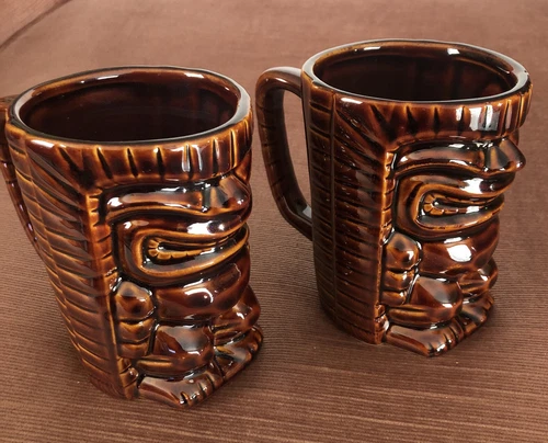 Vintage Brown glaze Ceramic Tiki Mugs Set Of 2