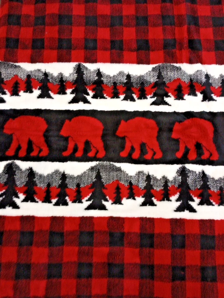 "Manta a cuadros roja y negra con osos doble capa polar cabina 59" X 70""" Foto 3 de 4