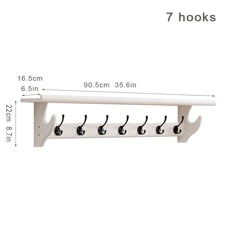 Coat Rack+Shelf Floating Wall Mounted Double Hooks Hanger Rack White 5/7 Hooks - Image 2 of 4