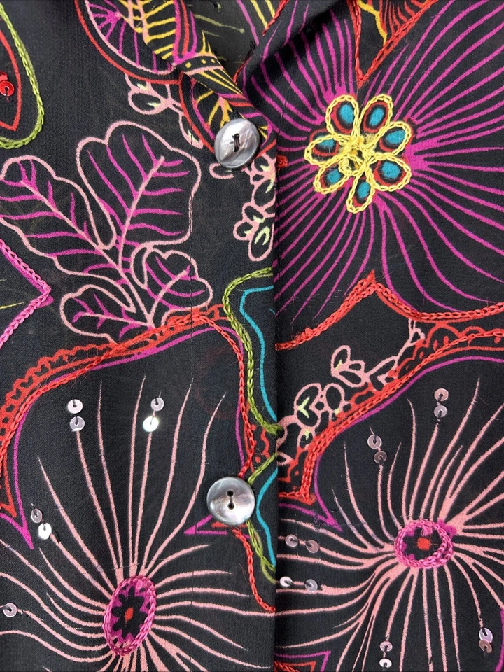 Coldwater Creek 3X Black Multicolor Floral Embroidered Sequin Button Up Blouse - image 4 of 4