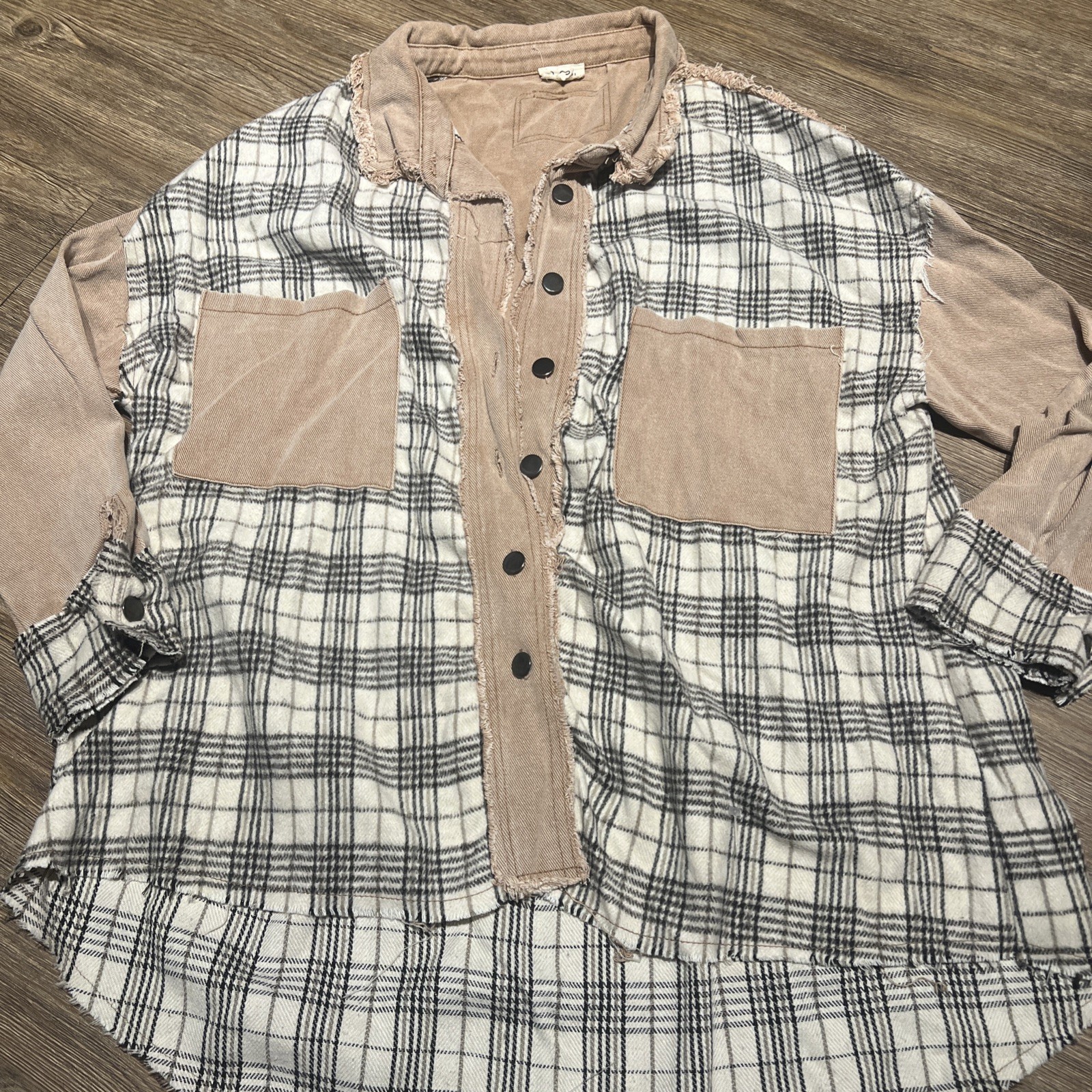 POL Tan Plaid Patchwork Oversized Shacket Sz Small - image 1