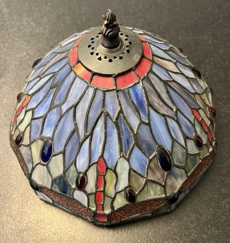 Vintage Tiffany Stained Glass Lamp Shade Red Dragonflies, 11×9 Inch with Holders