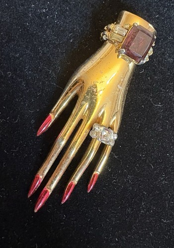 40s Signed Sterling Coro Craft Hand Fur Clip Adolph Katz Vermeil Jeweled Brooch